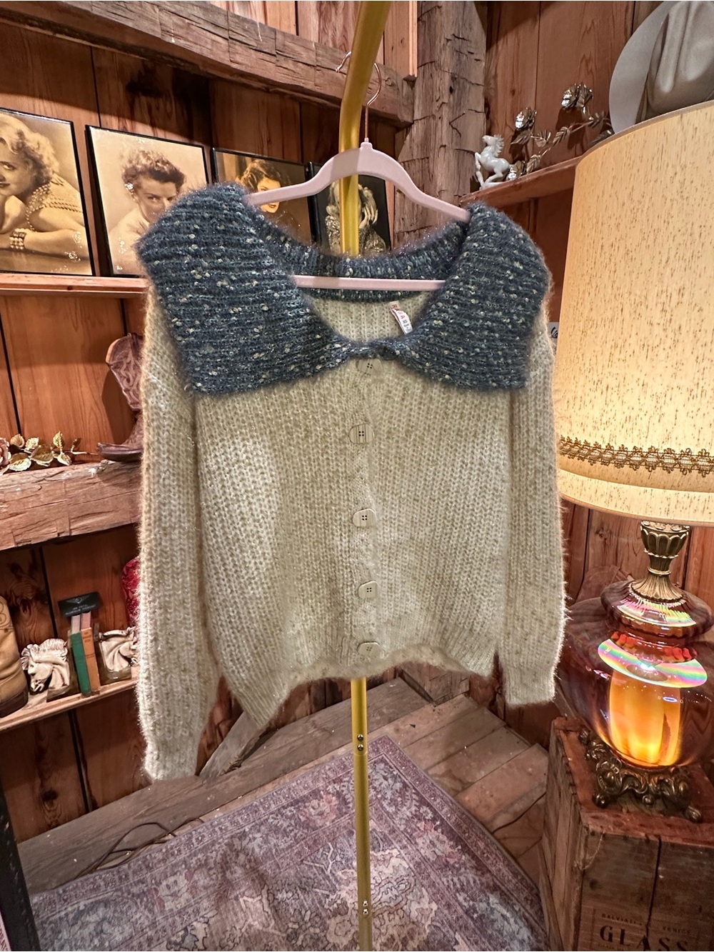 RAGA Cream Mohair Cardigan with Blue Speckled Collar